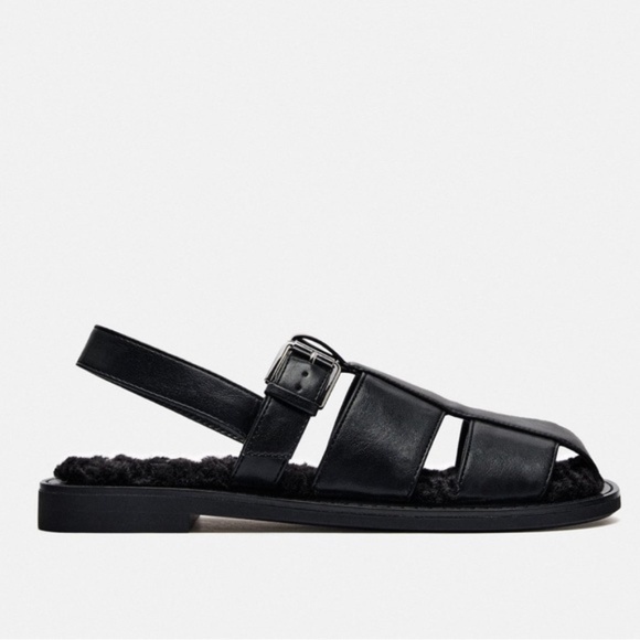 Zara Black FAUX FUR LINED CAGE SANDALS. Size 8/39 - Picture 4 of 9
